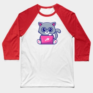 Cute Cat Working On Laptop Baseball T-Shirt